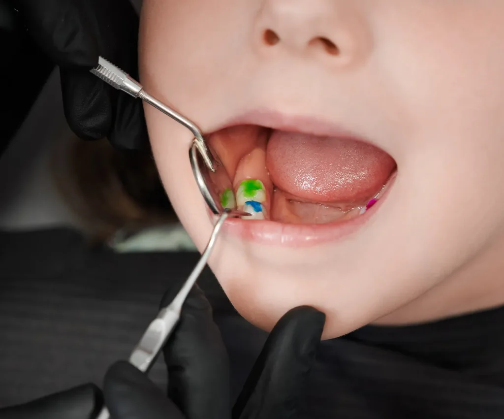 Pediatric dentist applying tooth filling for a child