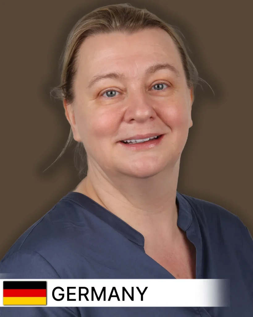 Smile makeover patient from Germany with a transformed, confident smile